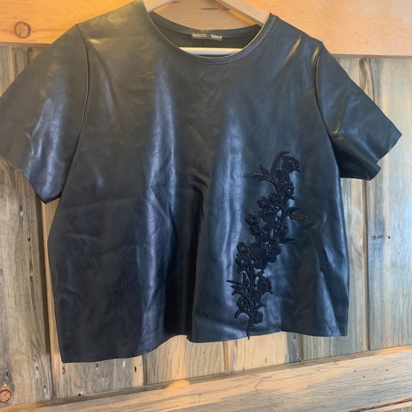 ZARA FAUX LEATHER WITH EMBROIDERY BLOUSE - Picture 2 of 4
